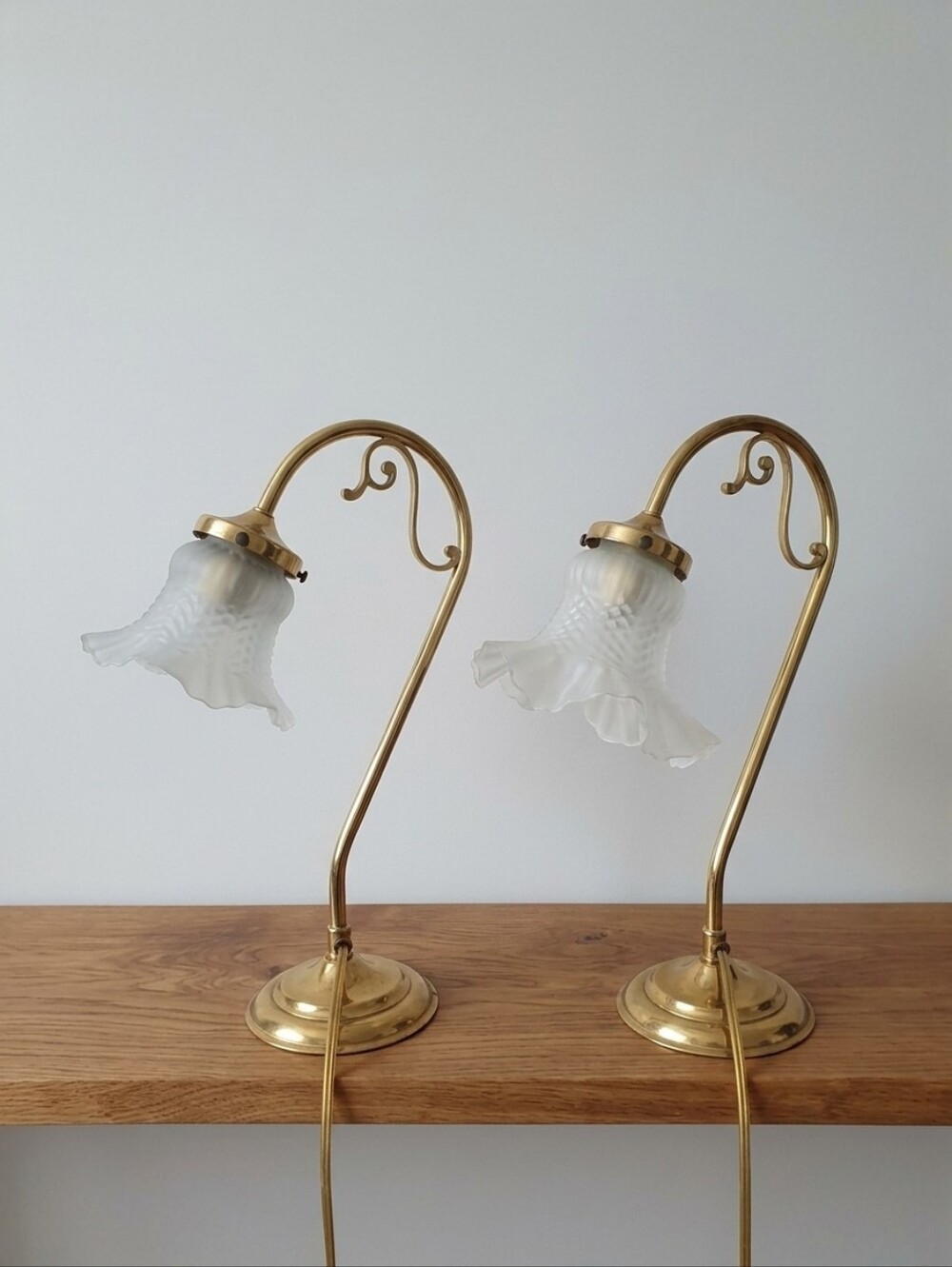 Vintage Brass Gooseneck Table Lamps with Frosted Glass Tulip Shades